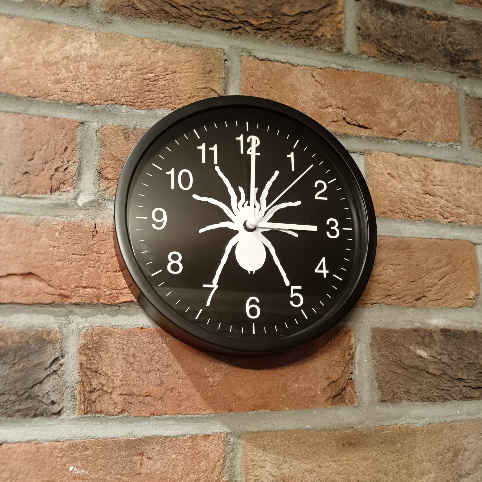 Black Clock with white numbers and a white tarantula on the front