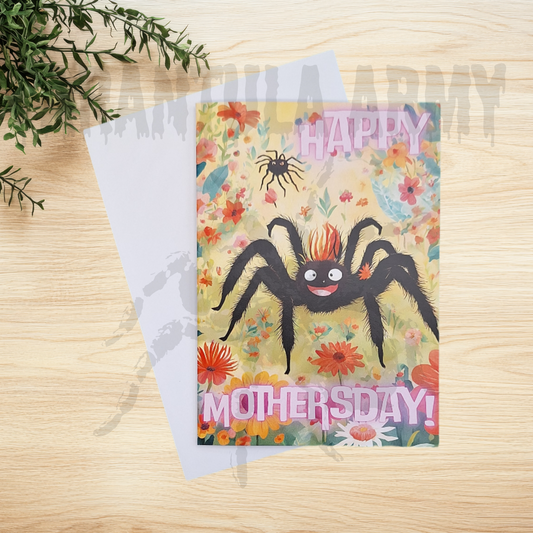 Floral card with a cute tarantula mum and baby on the front