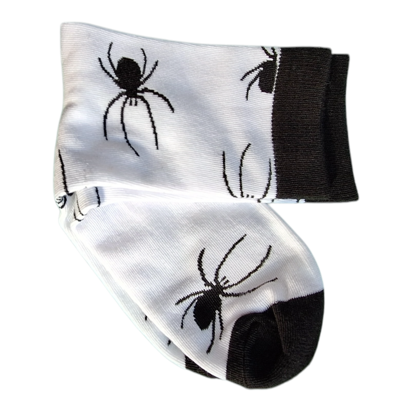 White socks with black detailing on the toes, heel and cuff with a spider pattern throughout