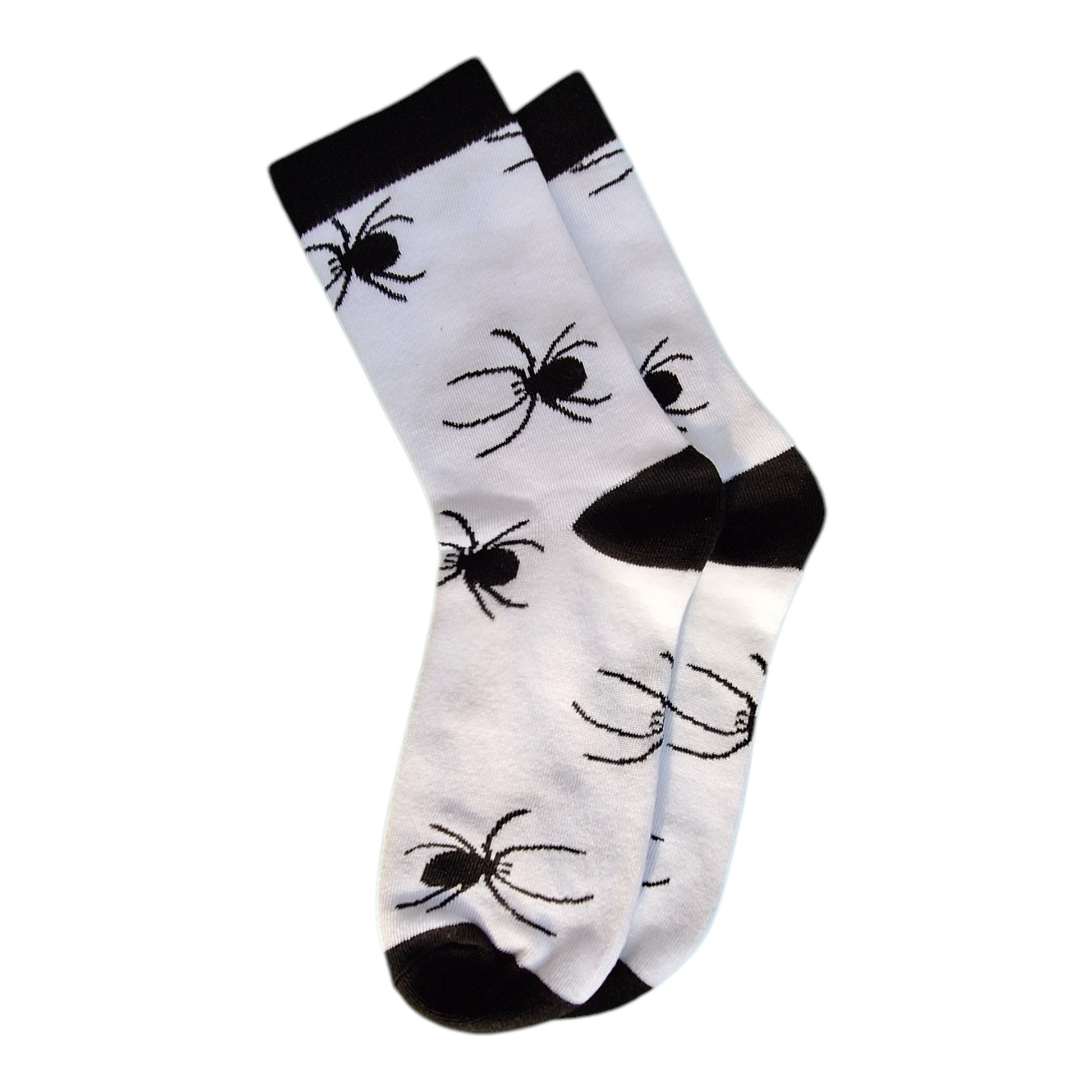 White socks with black toes, heel and cuff with spider pattern all over